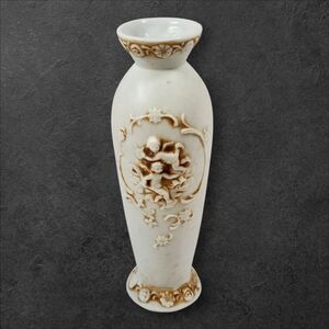 Vintage Porcelain Bud Vase w/ Cherubs Likely Lefton Embossed Putti 7" Tall #1597